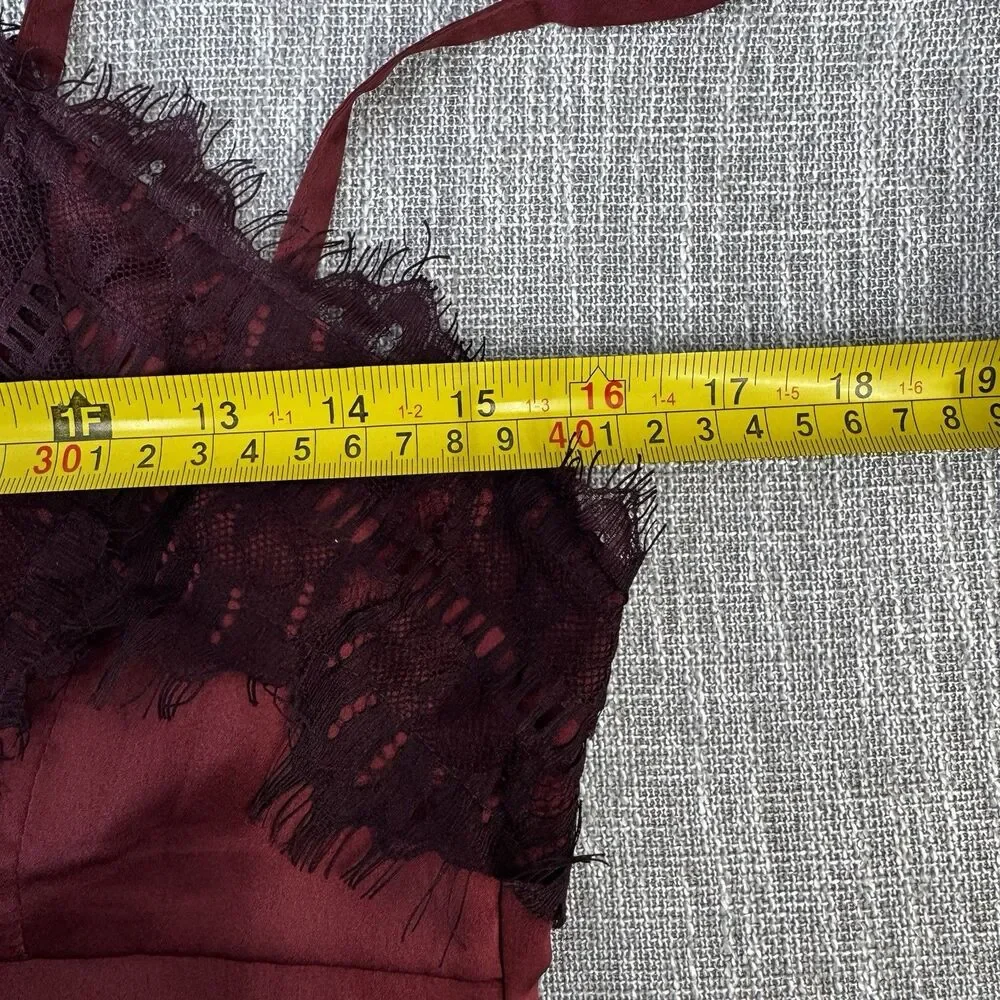 Nasty Gal Burgundy Satin Wide Leg Jumpsuit Lace Trim PTP 16 Open Back XXS Slit - Picture 14 of 16